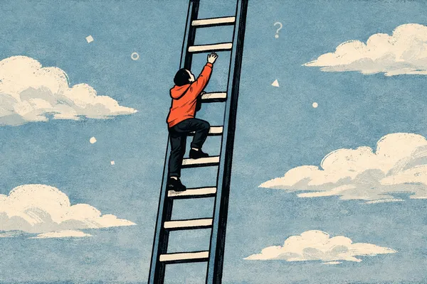 Illustration of a person climbing a ladder with a missing rung, reaching upward